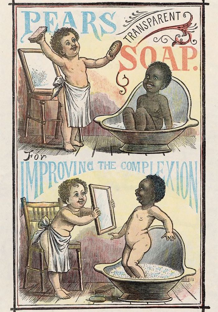 Pearline soap ad depicting soap cleaning brown skin white