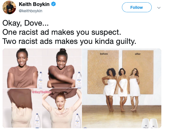 Image of tweet from Keith Boykin declaring Dove racist