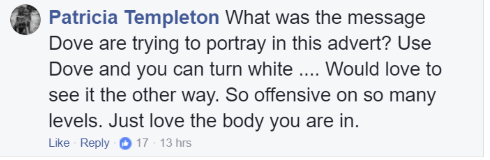 Image of tweet from Patricia Templeton declaring Dove racist